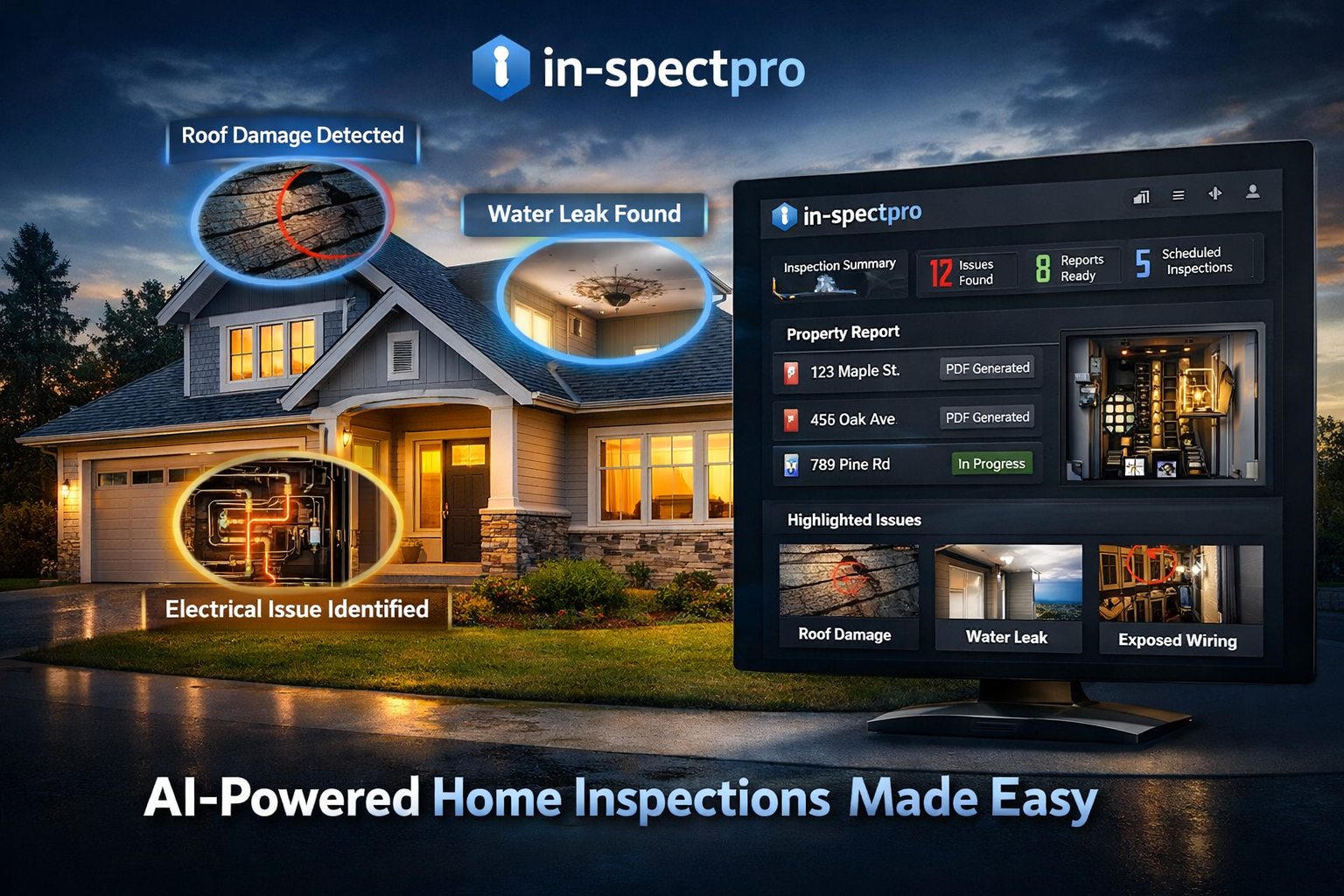 AI-powered home inspection software showing roof damage detection, water leak identification, and electrical issue flagging with a live inspection dashboard